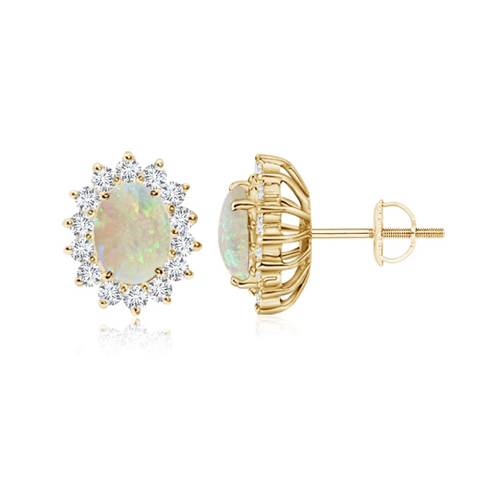 7x5mm AAA Oval Opal Flower Stud Earrings with Diamond Halo in 18K Yellow Gold 