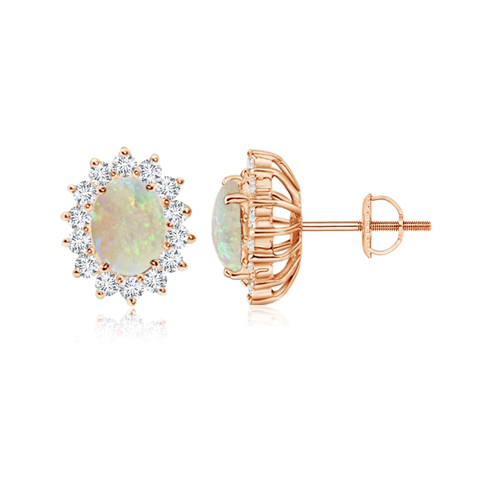 7x5mm AAA Oval Opal Flower Stud Earrings with Diamond Halo in Rose Gold