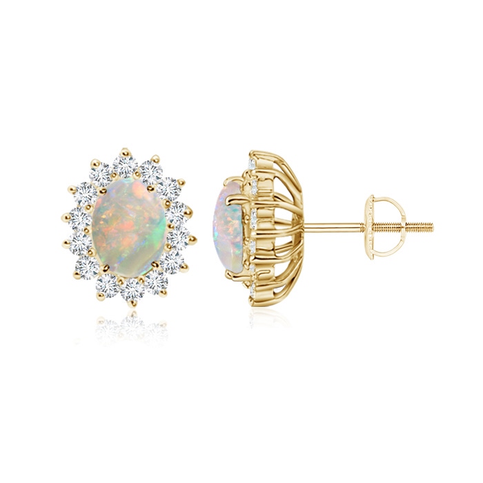 7x5mm AAAA Oval Opal Flower Stud Earrings with Diamond Halo in 18K Yellow Gold 