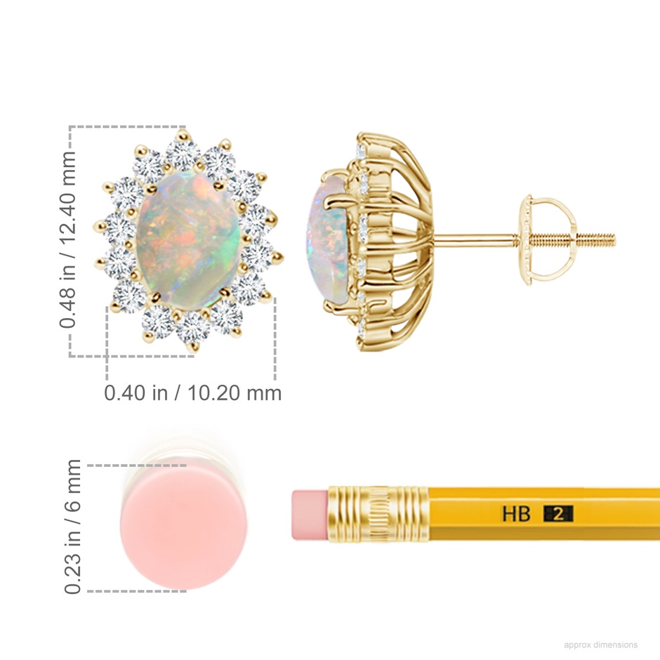 7x5mm AAAA Oval Opal Flower Stud Earrings with Diamond Halo in 18K Yellow Gold ruler