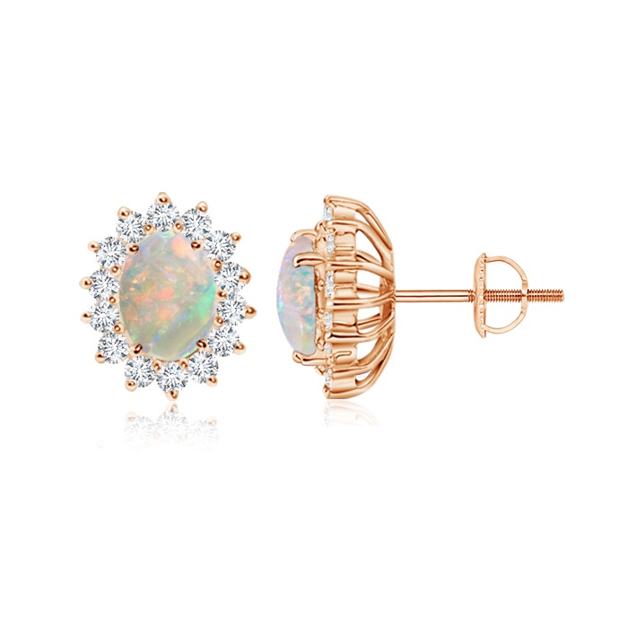 7x5mm AAAA Oval Opal Flower Stud Earrings with Diamond Halo in Rose Gold 