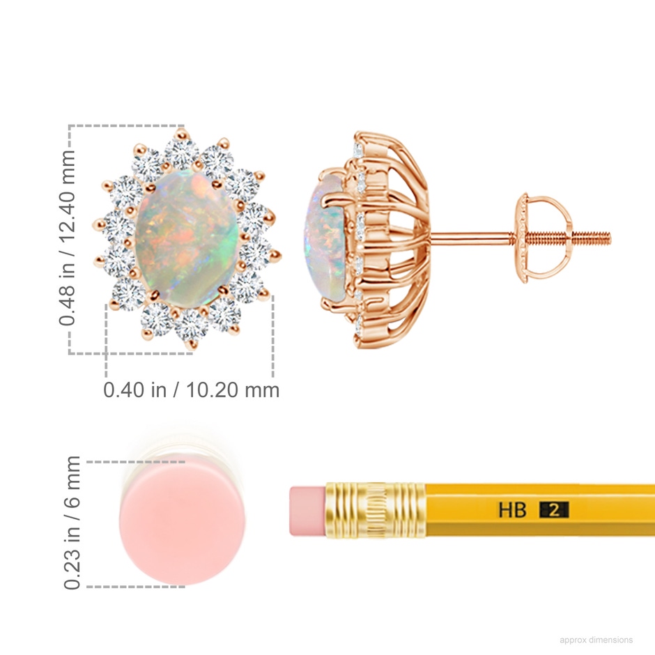 7x5mm AAAA Oval Opal Flower Stud Earrings with Diamond Halo in Rose Gold ruler