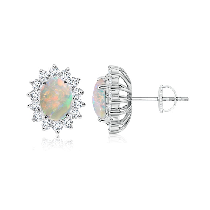 7x5mm AAAA Oval Opal Flower Stud Earrings with Diamond Halo in White Gold 