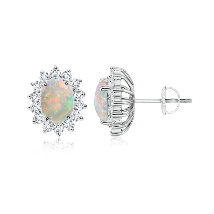 7x5mm AAAA Oval Opal Flower Stud Earrings with Diamond Halo in White Gold