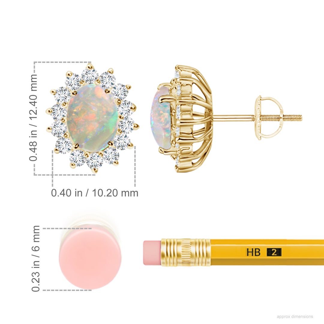 7x5mm AAAA Oval Opal Flower Stud Earrings with Diamond Halo in Yellow Gold - ruler