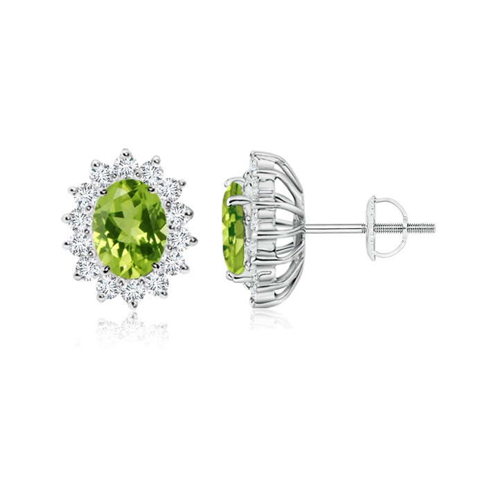 7x5mm AAA Oval Peridot Flower Stud Earrings with Diamond Halo in White Gold