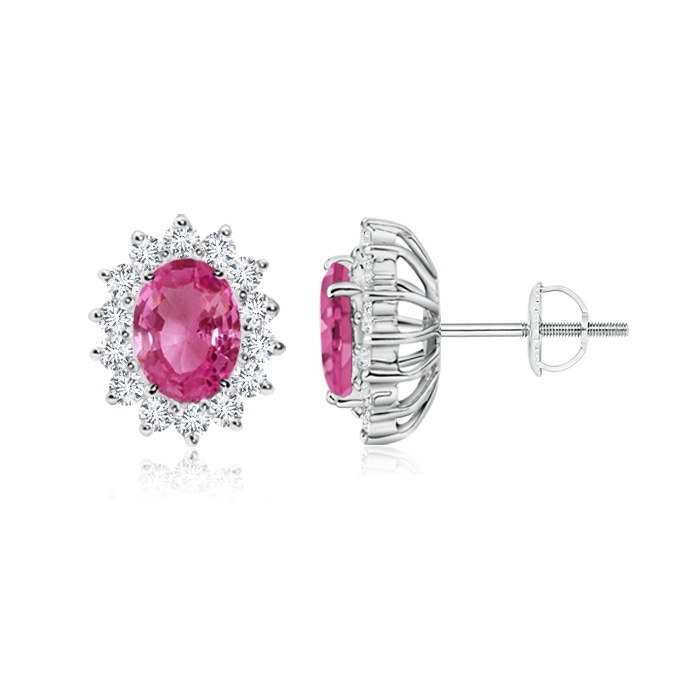 7x5mm AAAA Oval Pink Sapphire Flower Stud Earrings with Diamond Halo in P950 Platinum