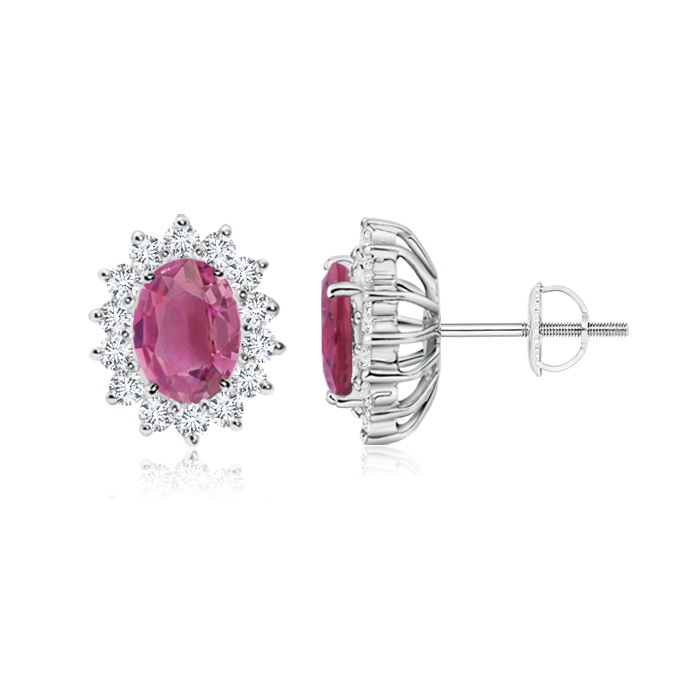7x5mm AAA Oval Pink Tourmaline Flower Stud Earrings with Diamond Halo in White Gold