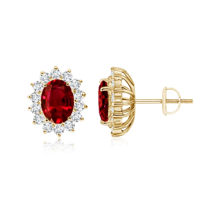 7x5mm AAAA Oval Ruby Flower Stud Earrings with Diamond Halo in Yellow Gold