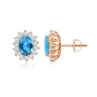7x5mm AAA Oval Swiss Blue Topaz Flower Stud Earrings with Diamond Halo in Rose Gold