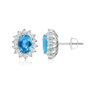 7x5mm AAA Oval Swiss Blue Topaz Flower Stud Earrings with Diamond Halo in White Gold