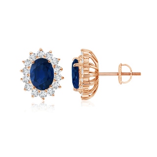 7x5mm AA Oval Blue Sapphire Flower Stud Earrings with Diamond Halo in 9K Rose Gold