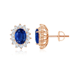 7x5mm AAA Oval Blue Sapphire Flower Stud Earrings with Diamond Halo in 9K Rose Gold