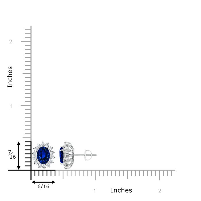 7x5mm AAAA Oval Blue Sapphire Flower Stud Earrings with Diamond Halo in White Gold - ruler