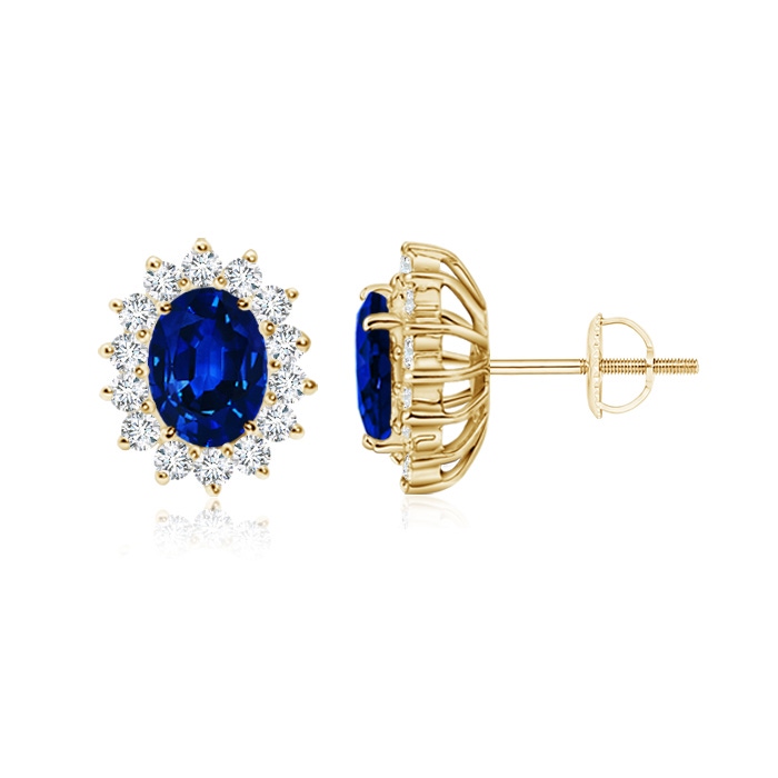 7x5mm AAAA Oval Blue Sapphire Flower Stud Earrings with Diamond Halo in Yellow Gold