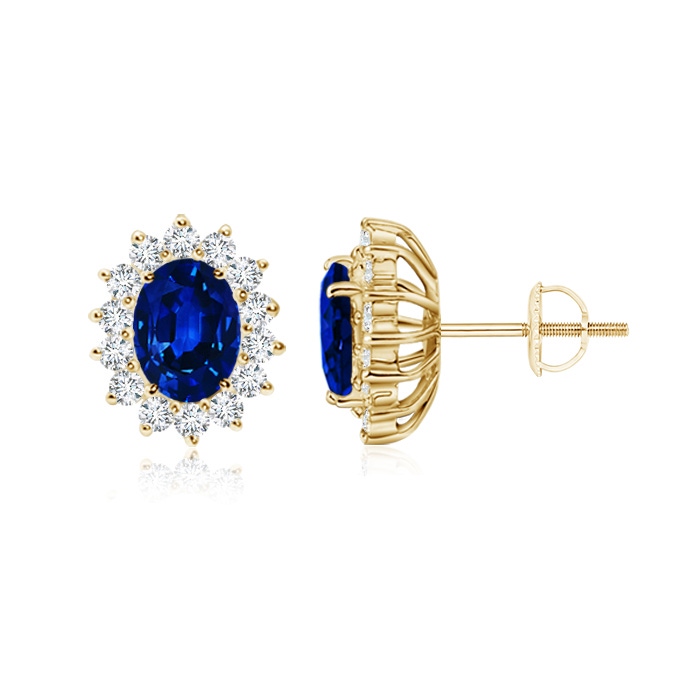 7x5mm AAAA Oval Blue Sapphire Flower Stud Earrings with Diamond Halo in Yellow Gold 