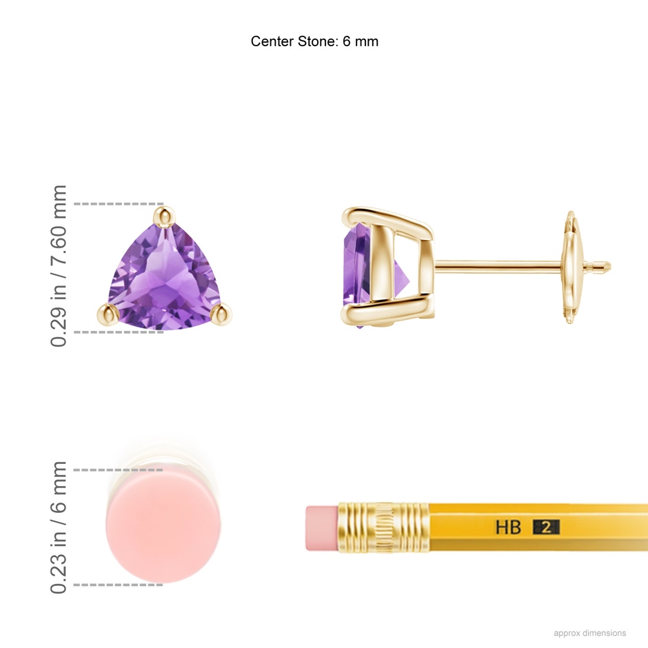 6mm A Basket-Set Trillion Amethyst Stud Earrings in Yellow Gold ruler