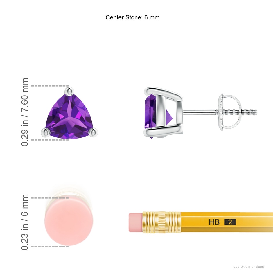6mm AAAA Basket-Set Trillion Amethyst Stud Earrings in P950 Platinum ruler