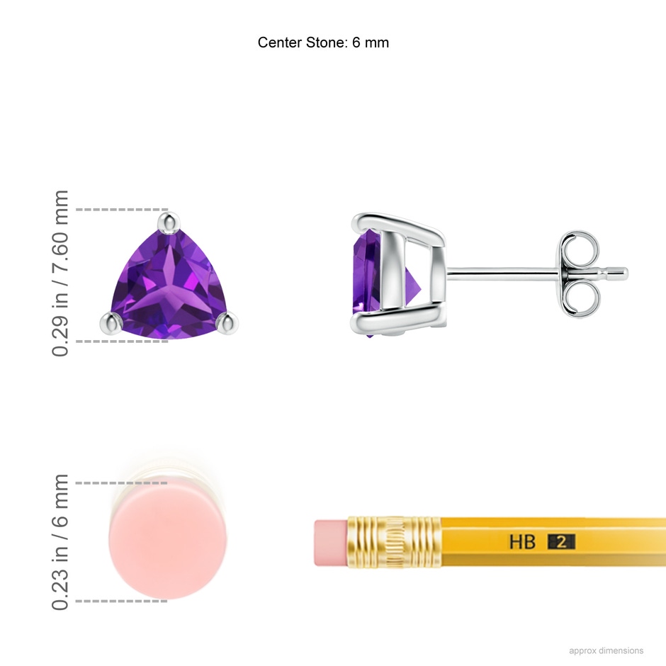 6mm AAAA Basket-Set Trillion Amethyst Stud Earrings in S999 Silver ruler