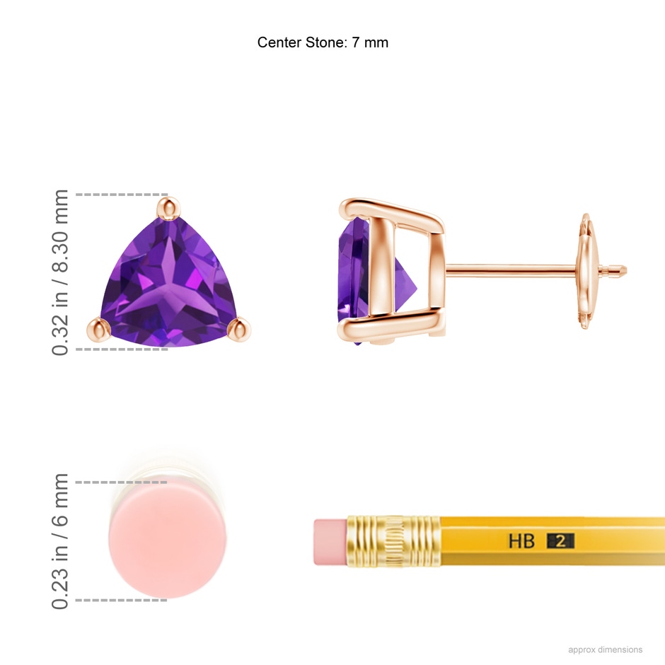 7mm AAAA Basket-Set Trillion Amethyst Stud Earrings in 18K Rose Gold ruler