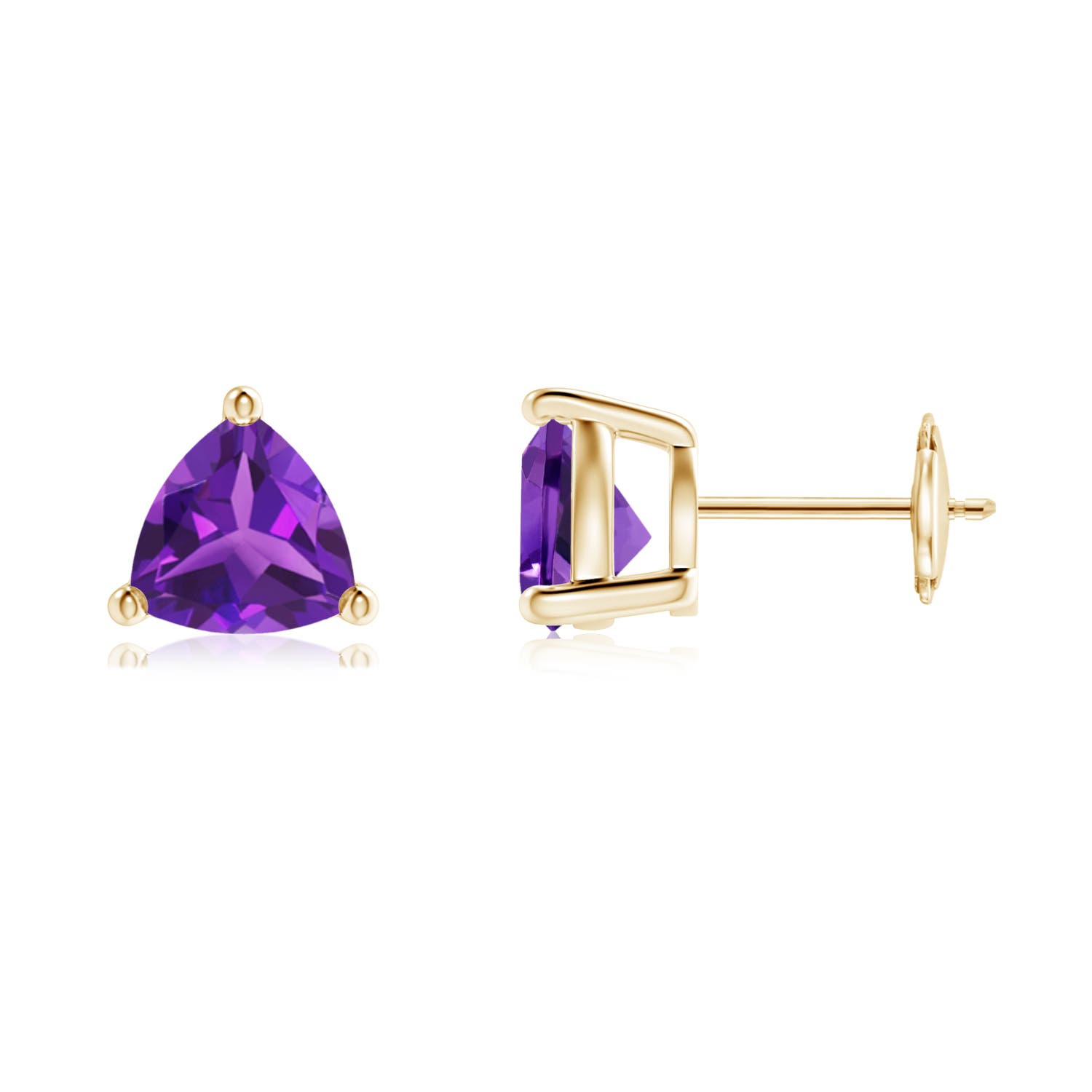 7mm AAAA Basket-Set Trillion Amethyst Stud Earrings in 18K Yellow Gold