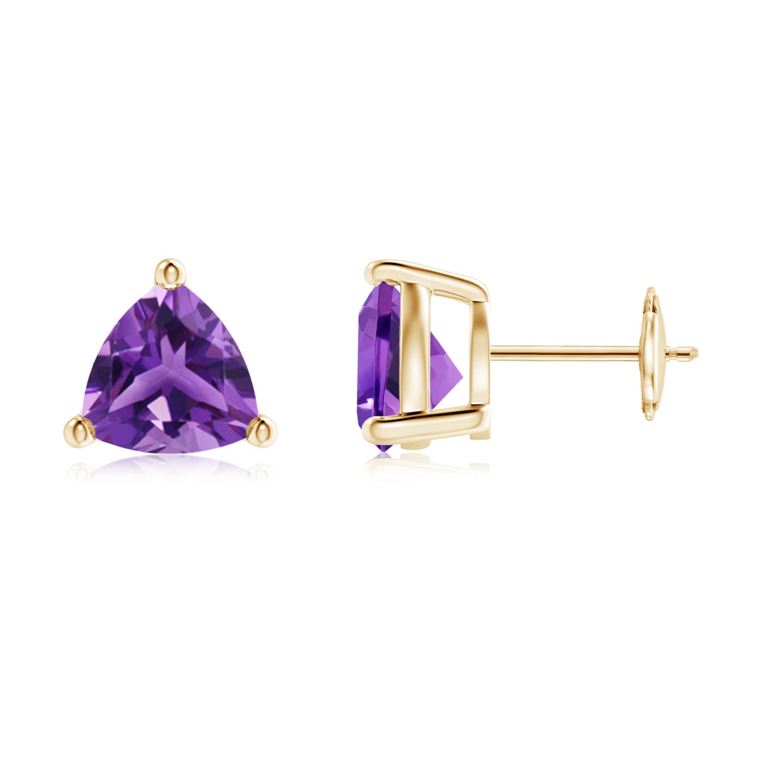 8mm AAA Basket-Set Trillion Amethyst Stud Earrings in 18K Yellow Gold