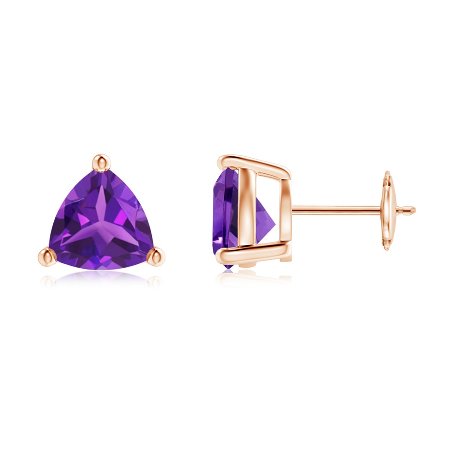 8mm AAAA Basket-Set Trillion Amethyst Stud Earrings in 18K Rose Gold 
