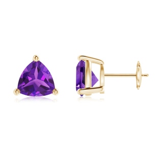 8mm AAAA Basket-Set Trillion Amethyst Stud Earrings in Yellow Gold