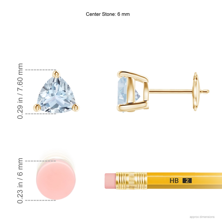 6mm A Basket-Set Trillion Aquamarine Stud Earrings in Yellow Gold ruler