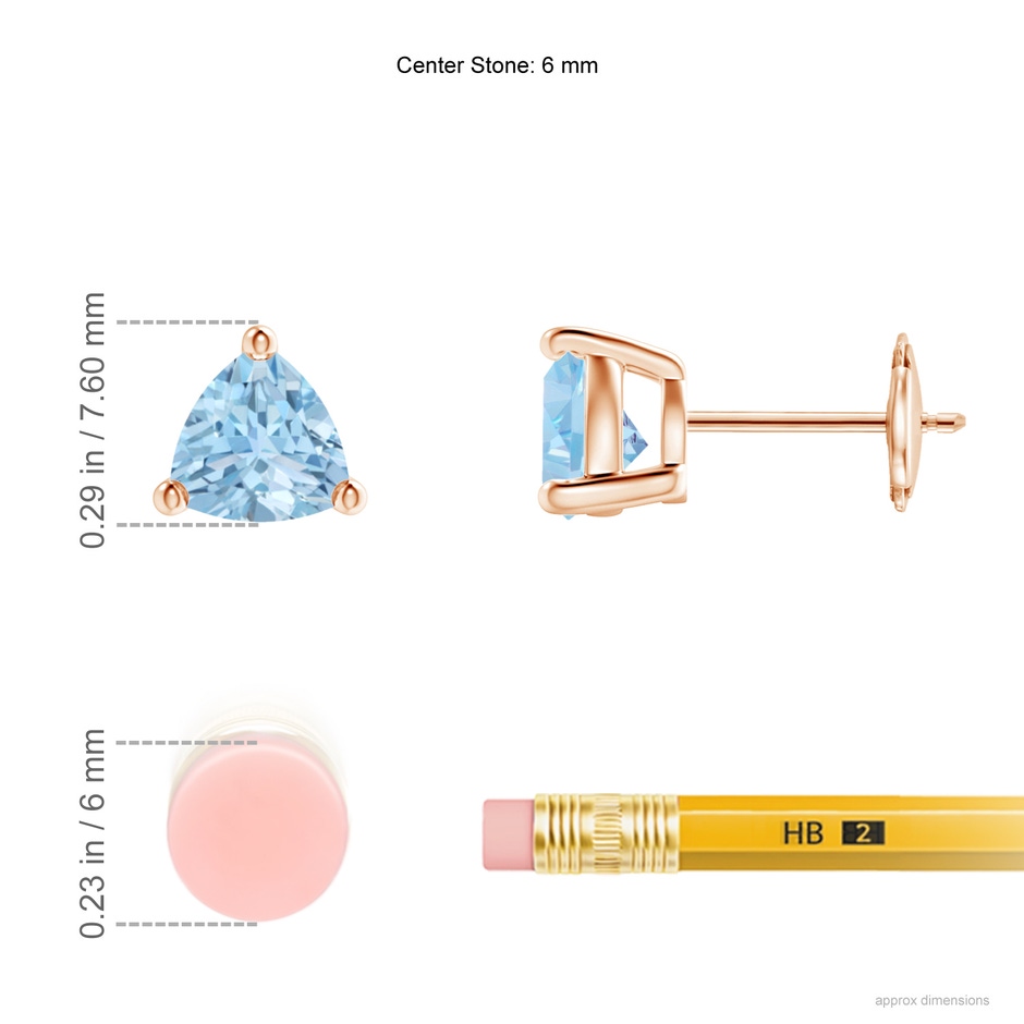 6mm AAA Basket-Set Trillion Aquamarine Stud Earrings in Rose Gold ruler
