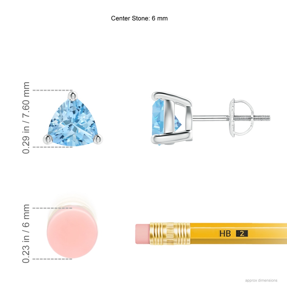 6mm AAAA Basket-Set Trillion Aquamarine Stud Earrings in P950 Platinum ruler