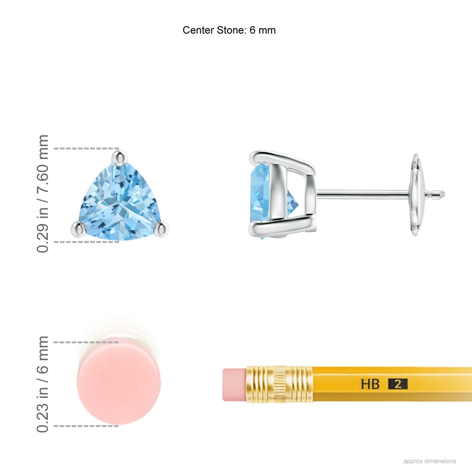 6mm AAAA Basket-Set Trillion Aquamarine Stud Earrings in White Gold ruler