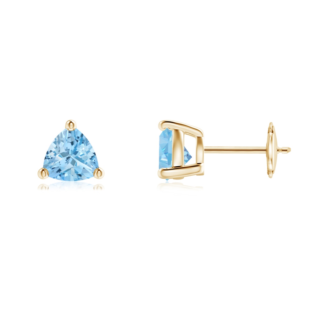 6mm AAAA Basket-Set Trillion Aquamarine Stud Earrings in Yellow Gold