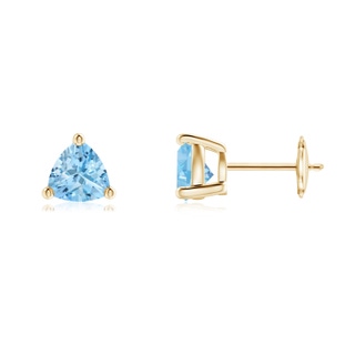 6mm AAAA Basket-Set Trillion Aquamarine Stud Earrings in Yellow Gold