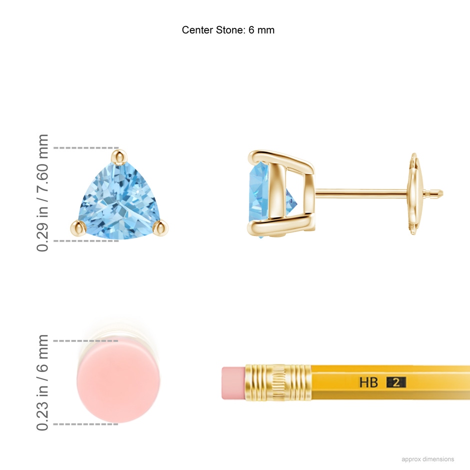 6mm AAAA Basket-Set Trillion Aquamarine Stud Earrings in Yellow Gold ruler