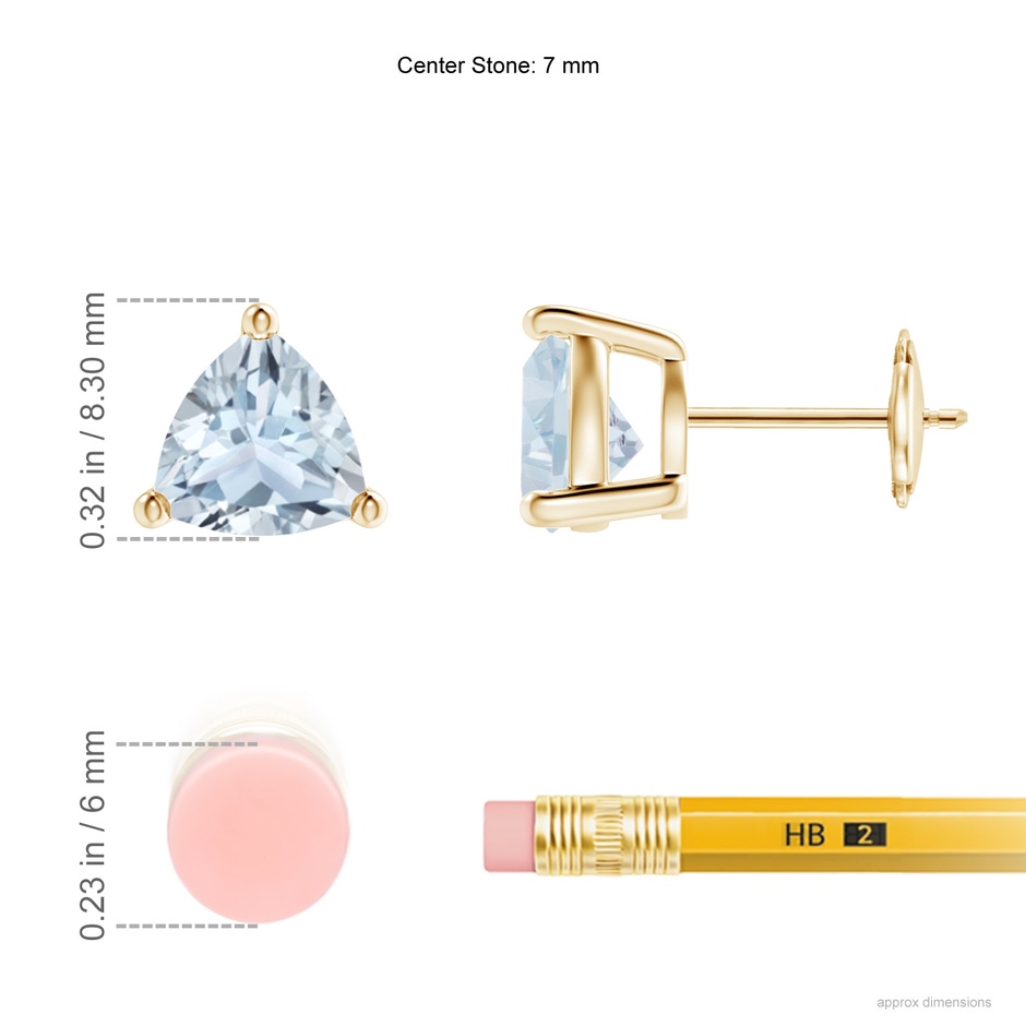 7mm A Basket-Set Trillion Aquamarine Stud Earrings in Yellow Gold ruler