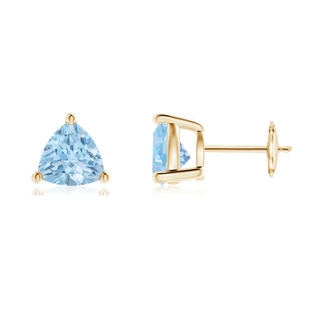 7mm AAA Basket-Set Trillion Aquamarine Stud Earrings in Yellow Gold