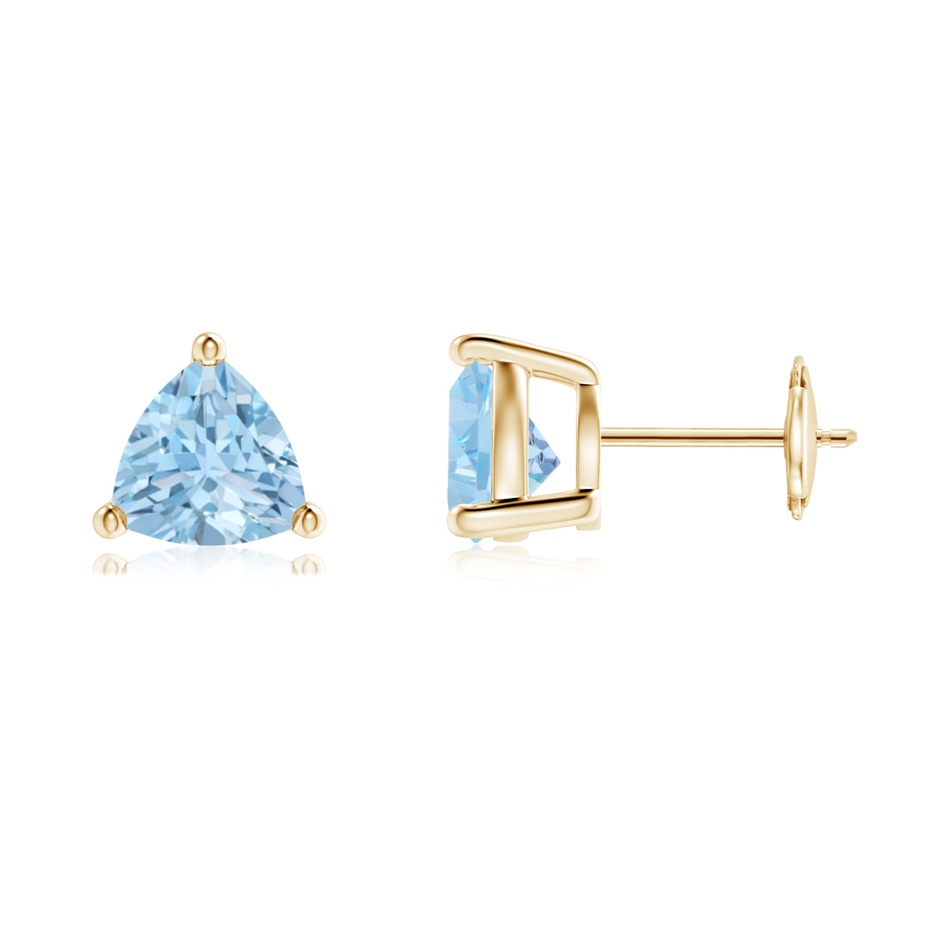 7mm AAA Basket-Set Trillion Aquamarine Stud Earrings in Yellow Gold 