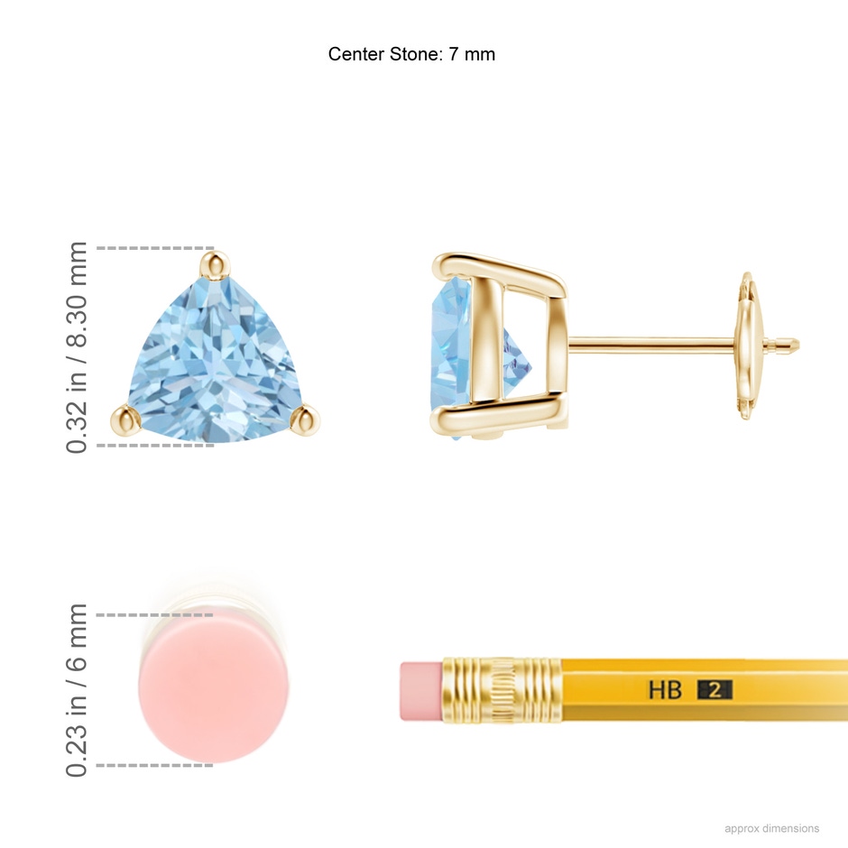 7mm AAA Basket-Set Trillion Aquamarine Stud Earrings in Yellow Gold ruler