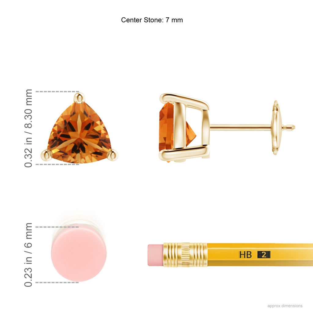 7mm AAA Basket-Set Trillion Citrine Stud Earrings in Yellow Gold Ruler