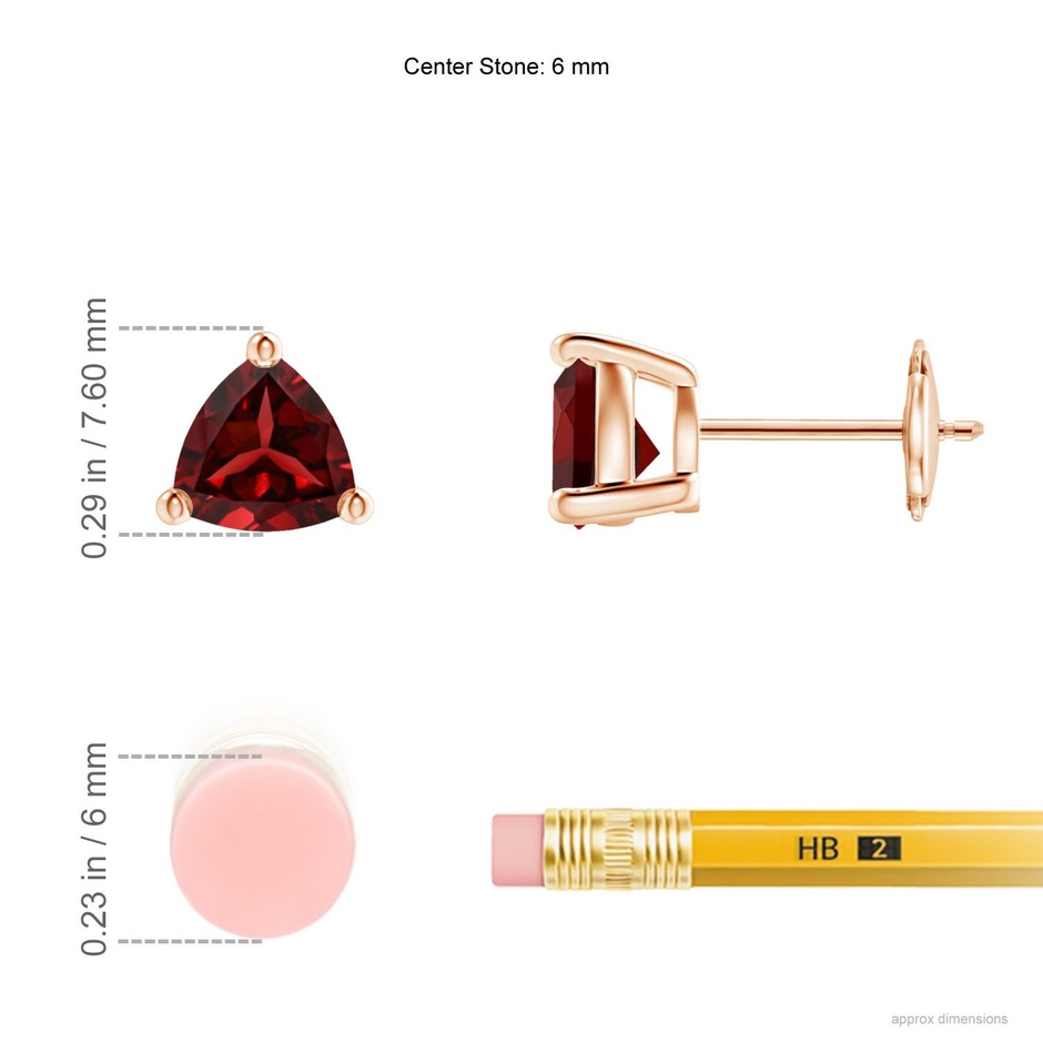 6mm AAAA Basket-Set Trillion Garnet Stud Earrings in Rose Gold ruler