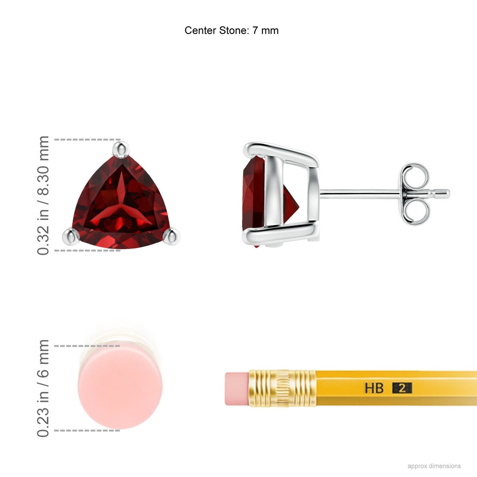 7mm AAAA Basket-Set Trillion Garnet Stud Earrings in S999 Silver ruler