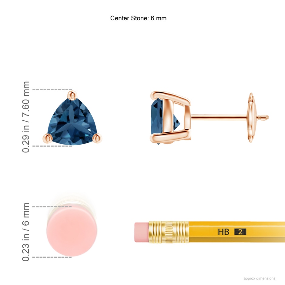 6mm AA Basket-Set Trillion London Blue Topaz Stud Earrings in Rose Gold ruler