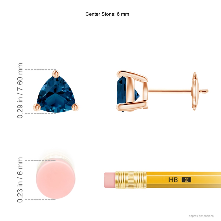 6mm AAAA Basket-Set Trillion London Blue Topaz Stud Earrings in 9K Rose Gold ruler