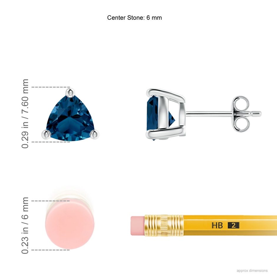 6mm AAAA Basket-Set Trillion London Blue Topaz Stud Earrings in S999 Silver ruler