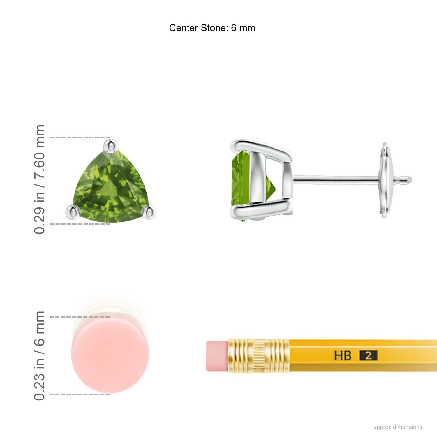 6mm AAAA Basket-Set Trillion Peridot Stud Earrings in White Gold - ruler