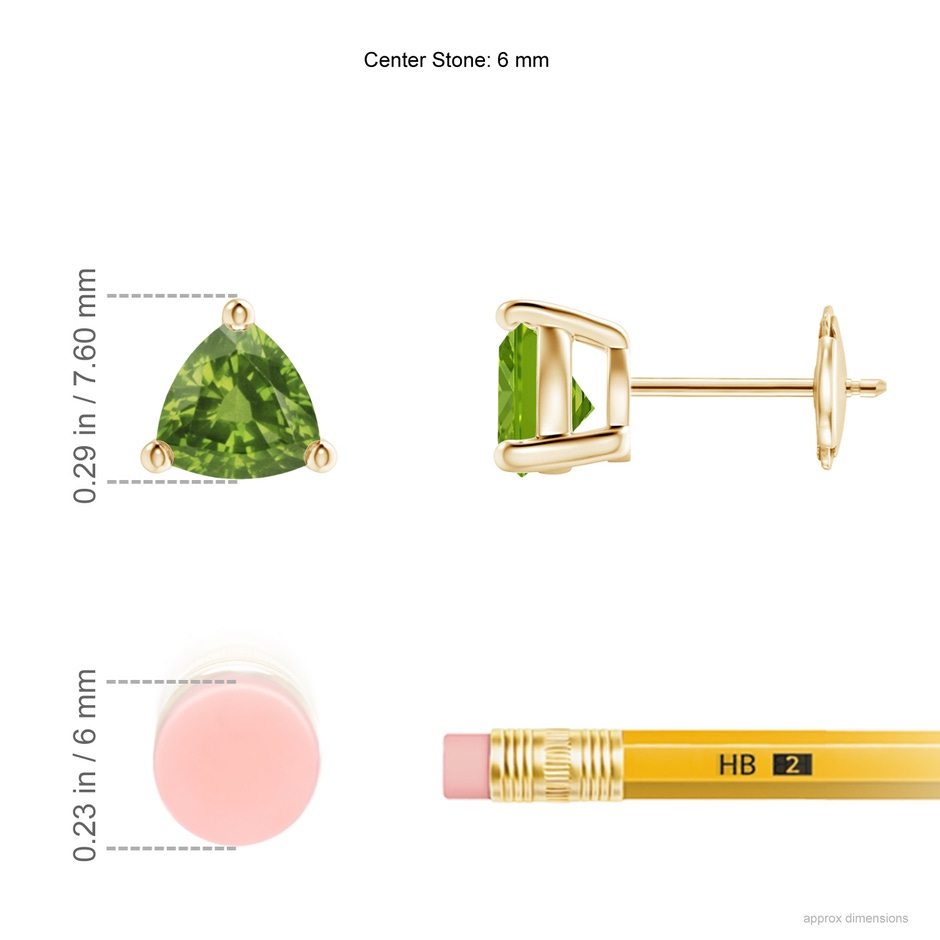 6mm AAAA Basket-Set Trillion Peridot Stud Earrings in Yellow Gold ruler