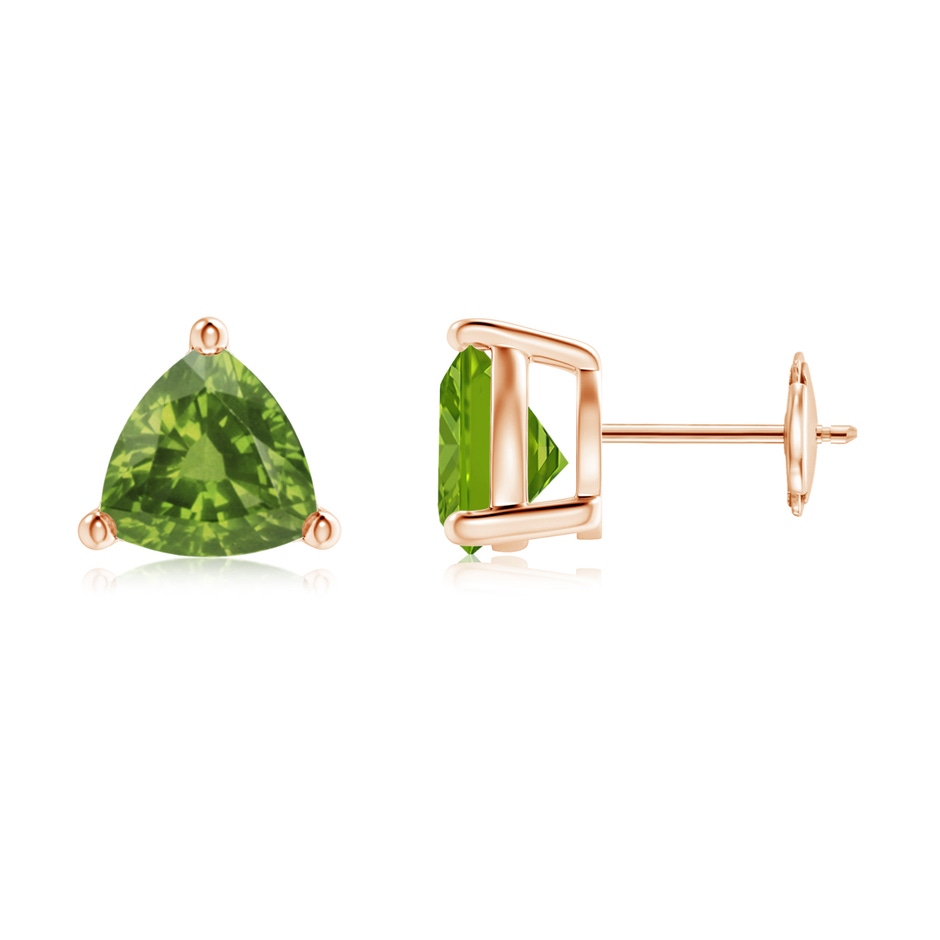 8mm AAAA Basket-Set Trillion Peridot Stud Earrings in 18K Rose Gold 