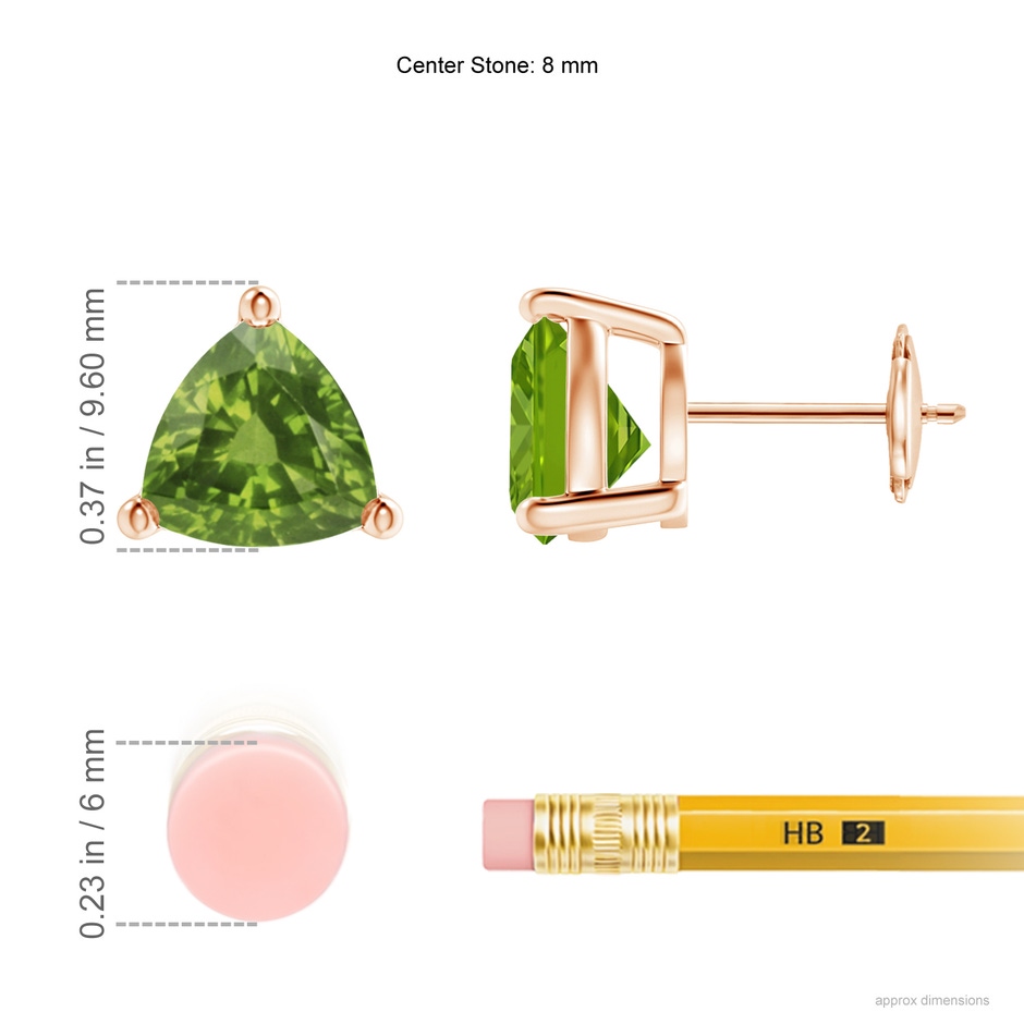 8mm AAAA Basket-Set Trillion Peridot Stud Earrings in 18K Rose Gold ruler