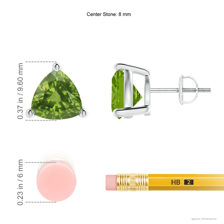 8mm AAAA Basket-Set Trillion Peridot Stud Earrings in P950 Platinum ruler